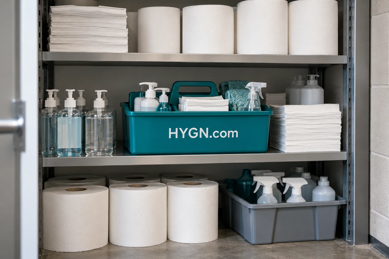 HYGN.com supply tote beside an organized workplace cupboard