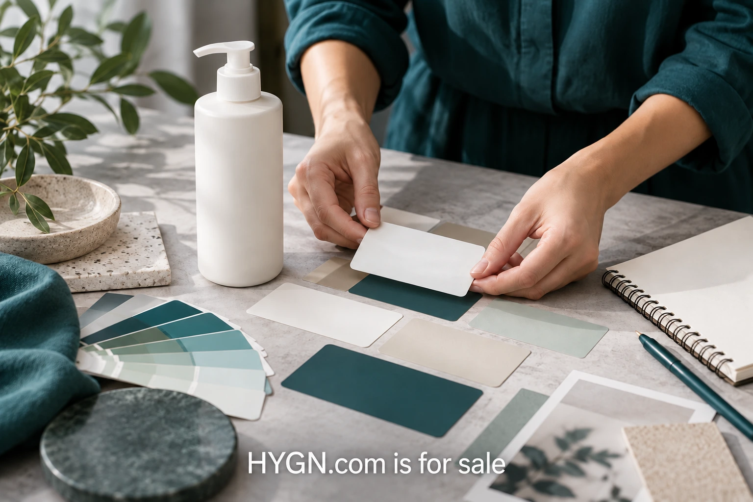 Hands reviewing label samples and packaging swatches beside care bottles