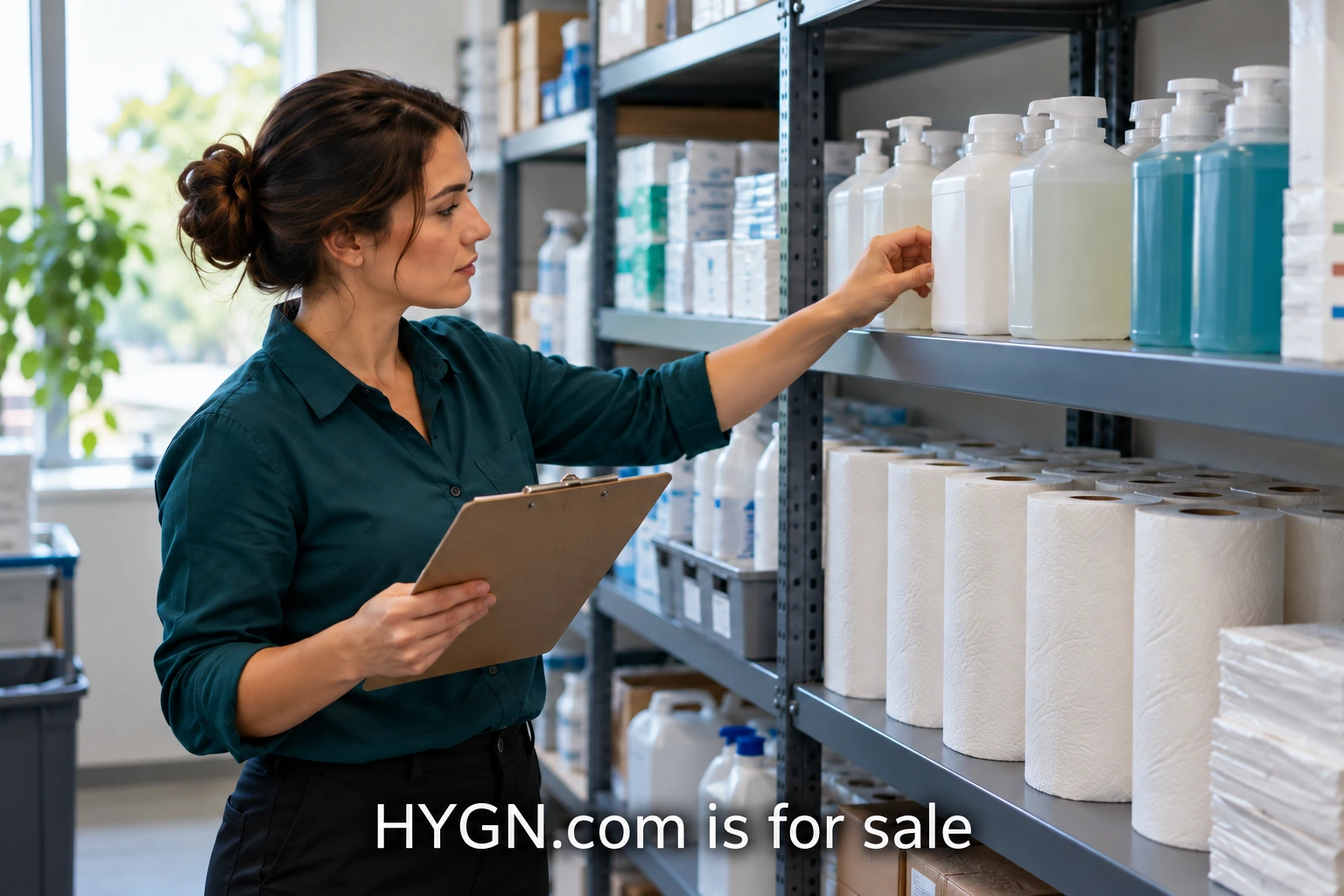 A woman arranging personal care supplies in a workplace cupboard
